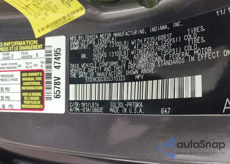 2013 Toyota Sienna Xle V6 8 Passenger z USA, uszkodzony, nr VIN 5TDYK3DC8DS310323